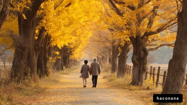 秋の並木道を歩く夫婦