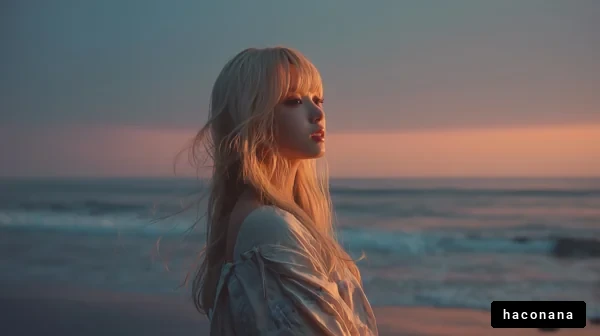 海辺の夕暮れの女性