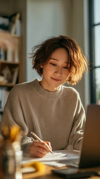 自宅で作業する若い女性