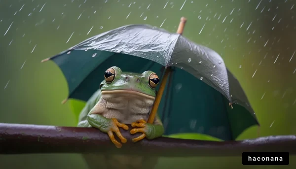 カエルと傘の雨の風景