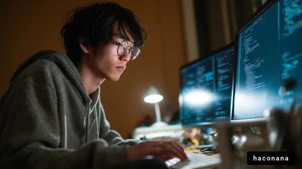 プログラミングする若者