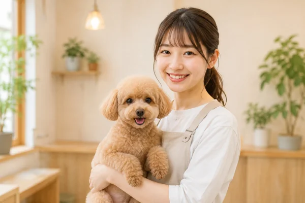 女性とトイプードルの笑顔