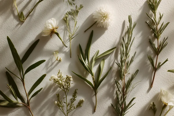 白い花とハーブの植物フラットレイ