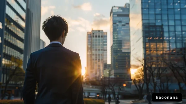 都市の夕日を見つめる男性