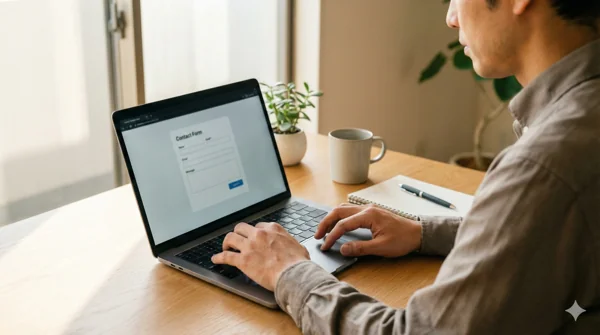 男性がノートパソコンでフォーム入力