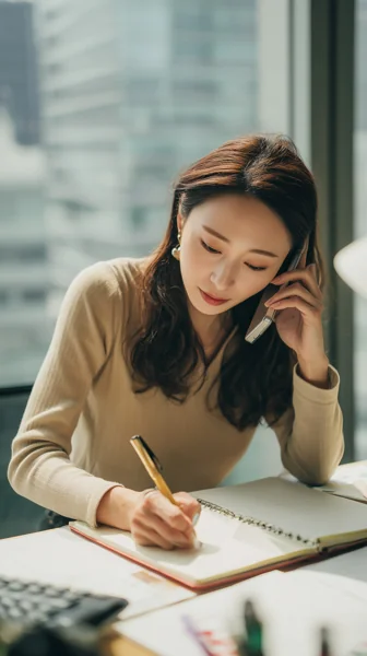 電話しながらメモを取る女性