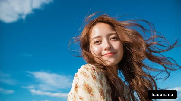 明るい空の下で微笑む女性