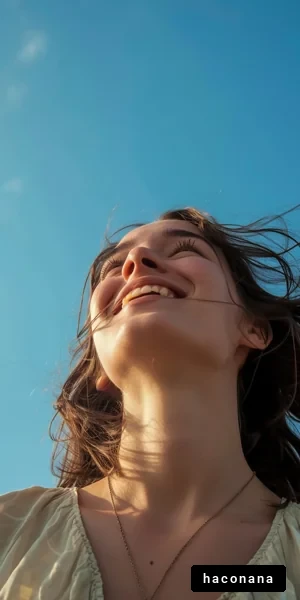 青空の下で微笑む女性