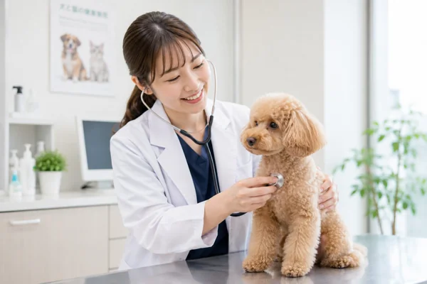 女性獣医師がトイプードルを診察