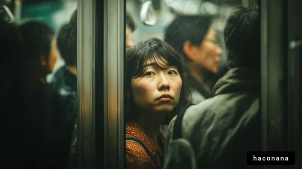 混雑した電車の中の女性