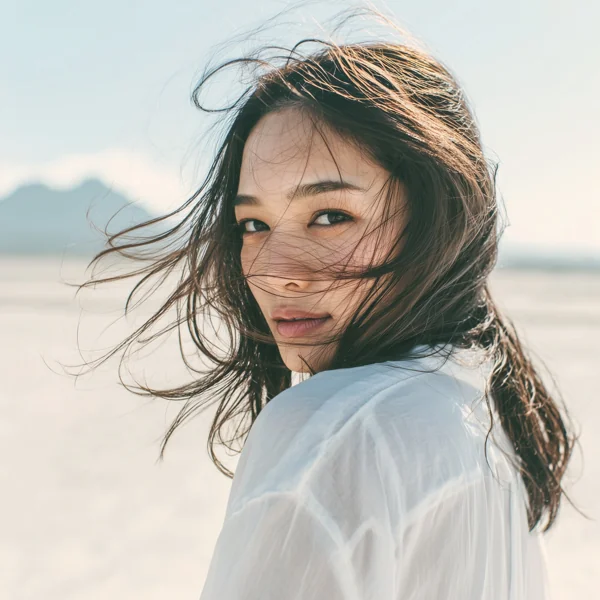 風になびく髪の女性・海辺