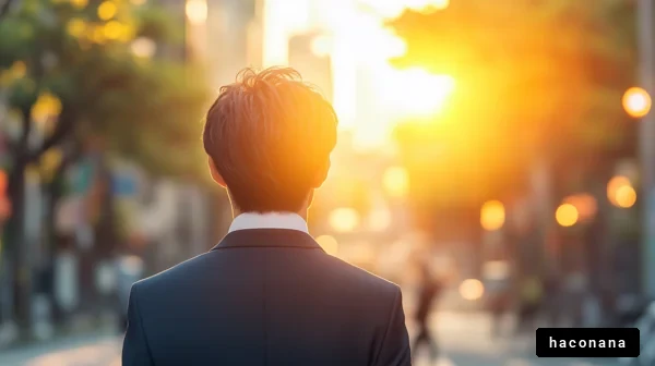 街の夕暮れに立つ男