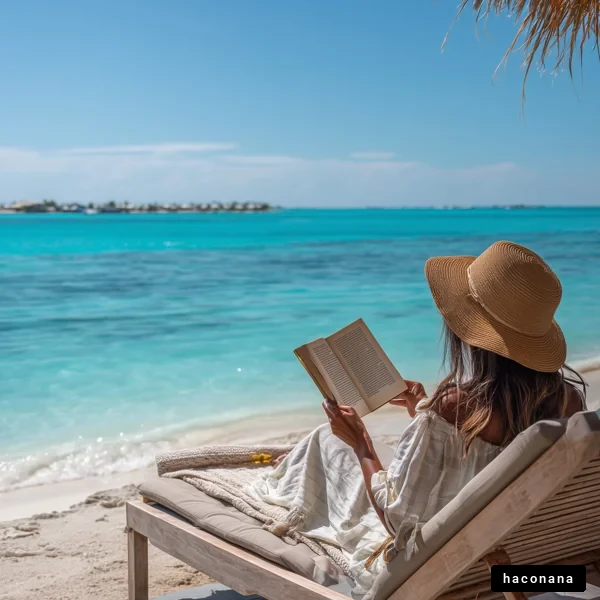 ビーチで読書を楽しむ女性