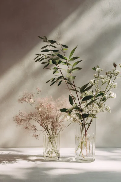 ガラス花瓶と野草の静物写真