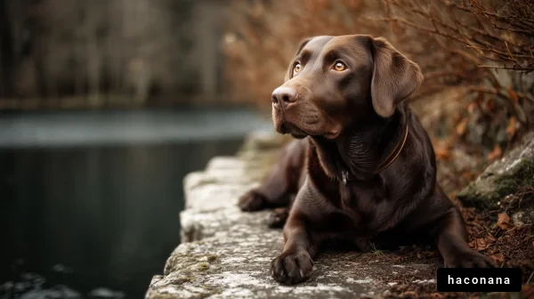 湖畔で寛ぐ犬