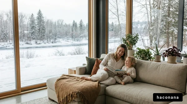 冬の窓辺で絵本を読む親子
