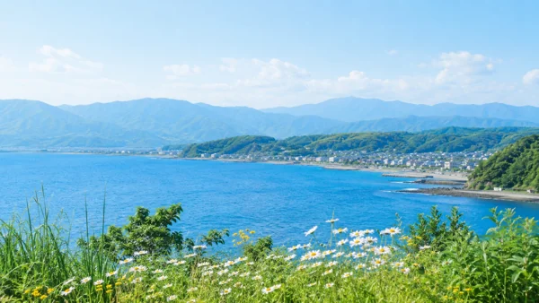 青い海と山の夏の海岸風景