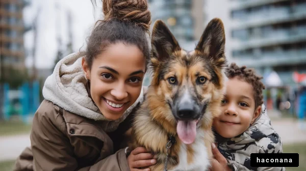 笑顔の親子と犬の写真