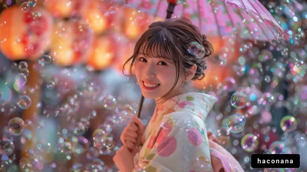 幻想的な泡と和装の女性