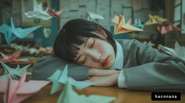 折り紙に囲まれた少女