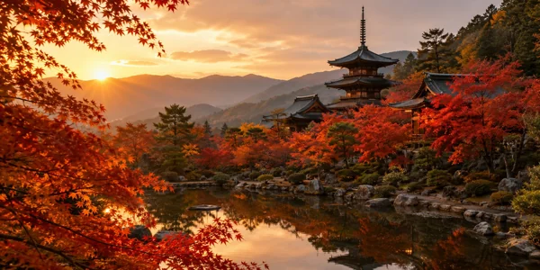 秋の紅葉と日本の寺院夕景