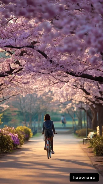 春の桜並木を自転車で