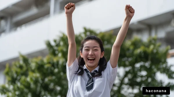 喜びを表現する学生