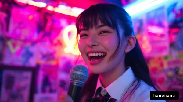 笑顔でマイクを持つ女性