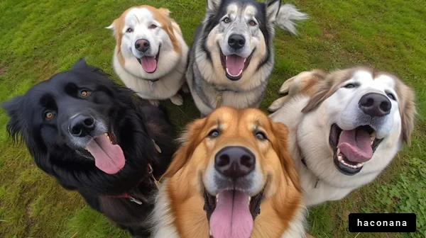 笑顔の犬たちの群れ