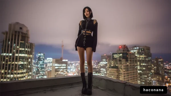 夜の都会に佇む女性