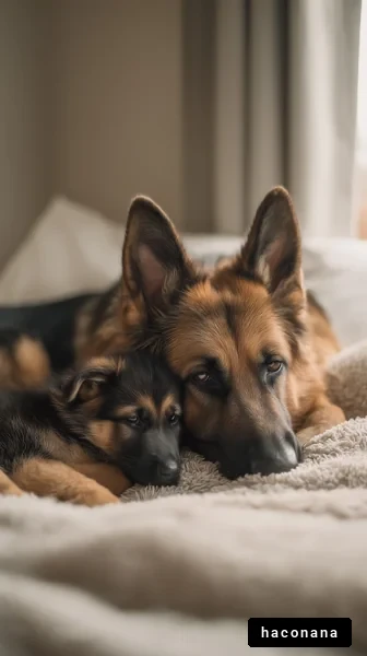 母犬と子犬の寄り添う姿