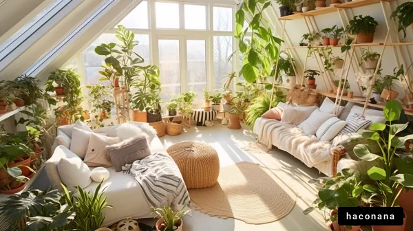 植物に囲まれた明るいリビング