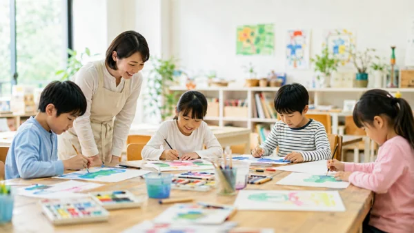 子どもたちと絵を描く先生