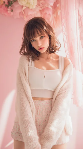 ピンク背景の若い女性ファッション