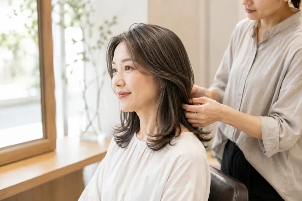 美容院でヘアセットされる女性