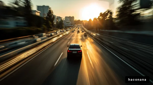 夕日の中を走る車