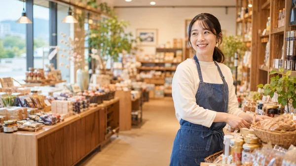 雑貨店で働く笑顔の女性店員