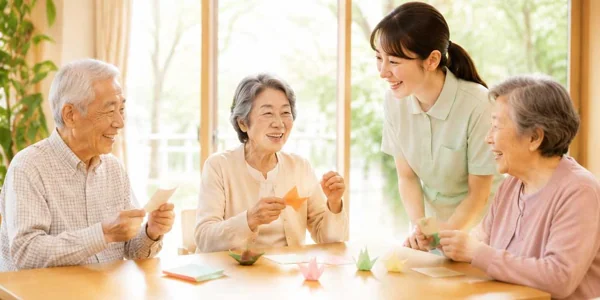 介護施設で折り紙を楽しむ高齢者