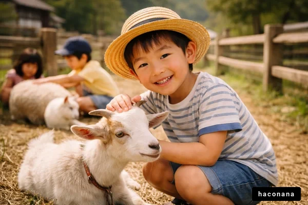 牧場でヤギと遊ぶ子供