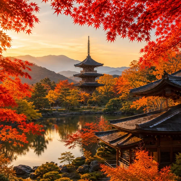 秋の紅葉と五重塔の日本庭園