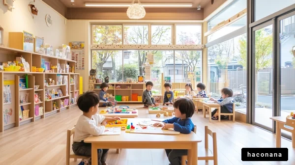 明るい保育室で遊ぶ子供たち