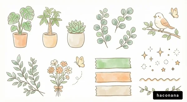 手描き植物と鳥のイラスト