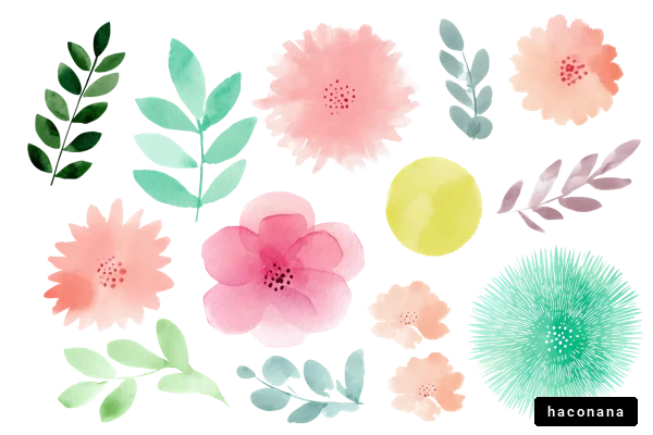 水彩風の花と葉のイラスト