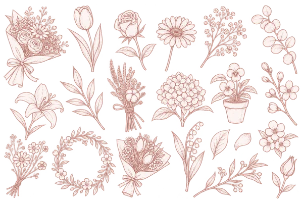 花のラインイラストセット