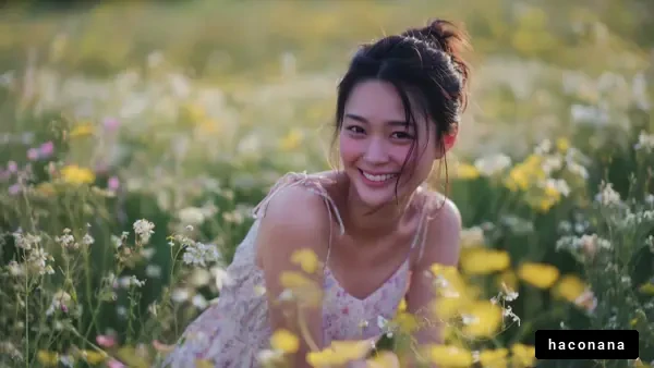 花畑で微笑む女性