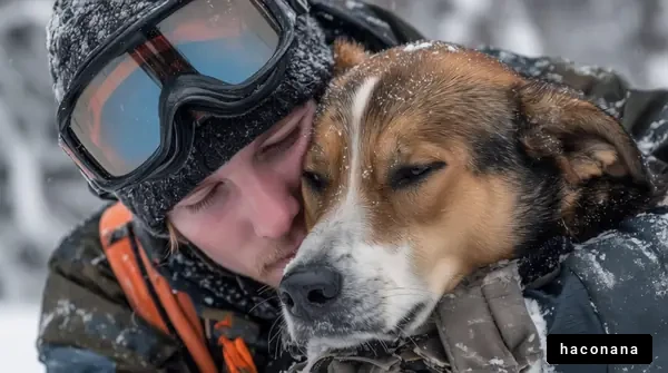 雪の中で寄り添う犬と人