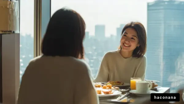 友人との楽しい朝食シーン