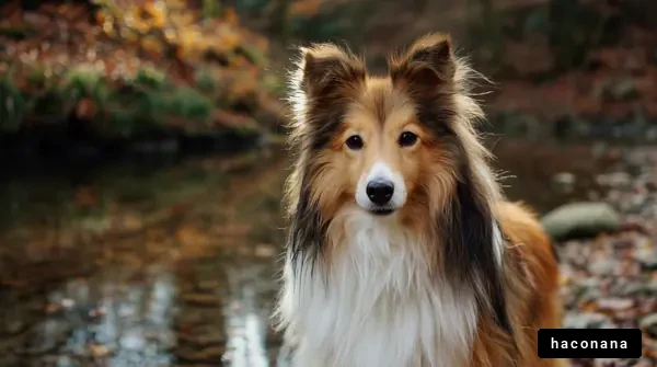 秋の川辺で佇む犬